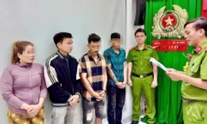 Nhóm công nhân cắt nhỏ dây điện tuồn qua khe thoát nước